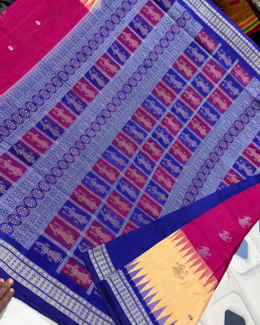 Sambalpuri Handloom Cotton Saree – Rani Pink, Blue & Beige Traditional Design
