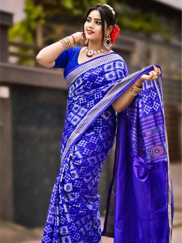 Authentic Sambalpuri Handloom Patta Saree – Royal Blue Traditional Woven Design