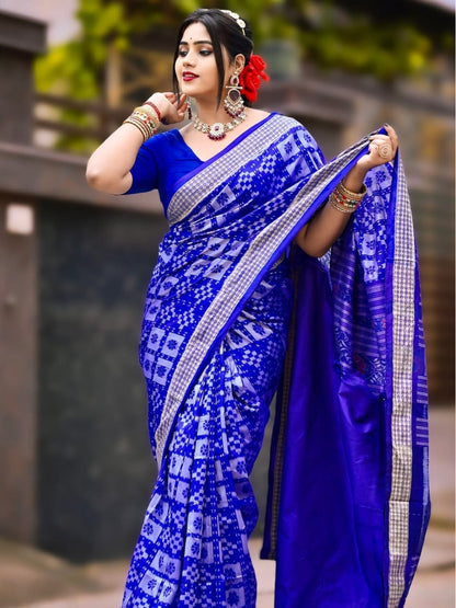 Authentic Sambalpuri Handloom Patta Saree – Royal Blue Traditional Woven Design