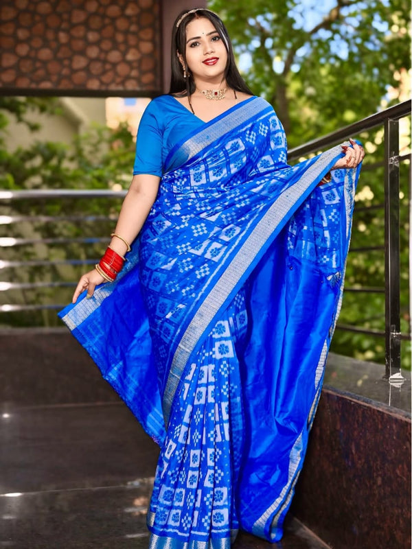 Authentic Sambalpuri Handloom Patta Saree – Royal Blue Traditional Woven Design