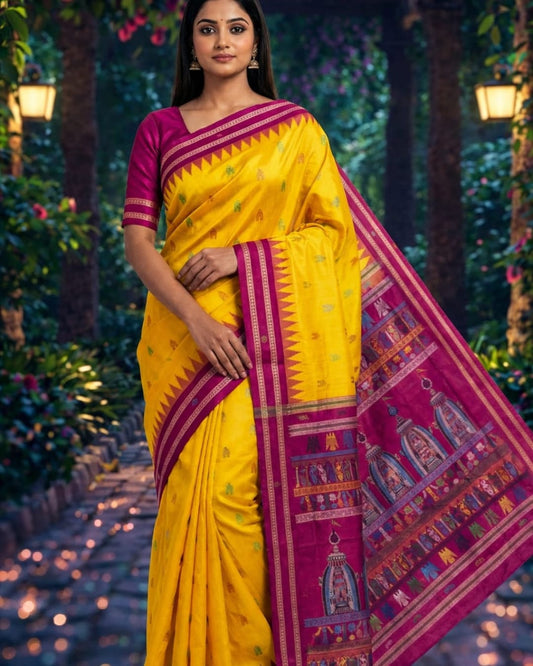 Traditional Yellow Sambalpuri pure silk sri mandir  Patta Saree – Authentic Odisha Handloom