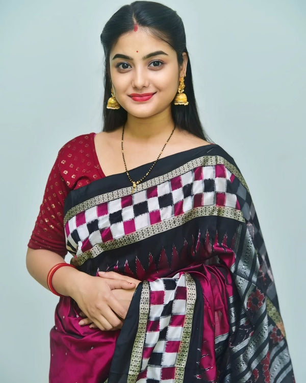 Sambalpuri Handloom Patta Saree – Jamun (Dark Purple) & Black Traditional Design