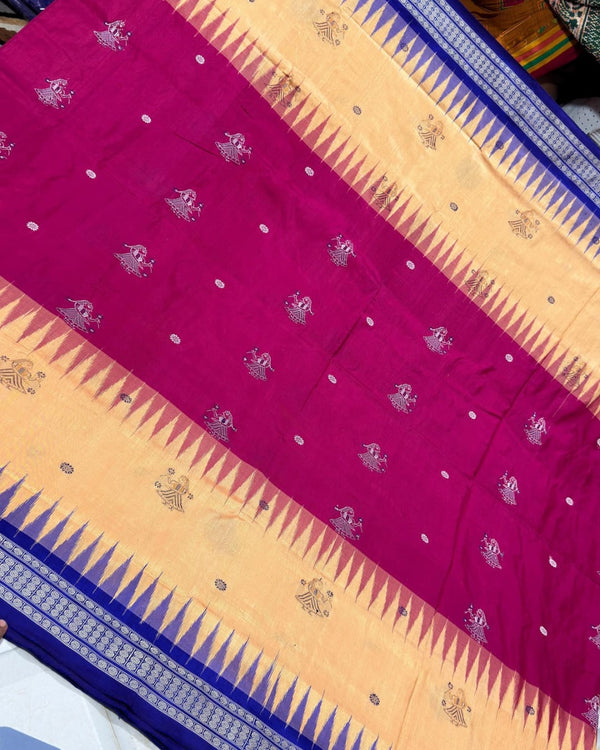 Sambalpuri Handloom Cotton Saree – Rani Pink, Blue & Beige Traditional Design