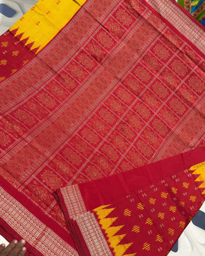 Sambalpuri Handloom Patta Saree – Red & Mustard Yellow Traditional Design