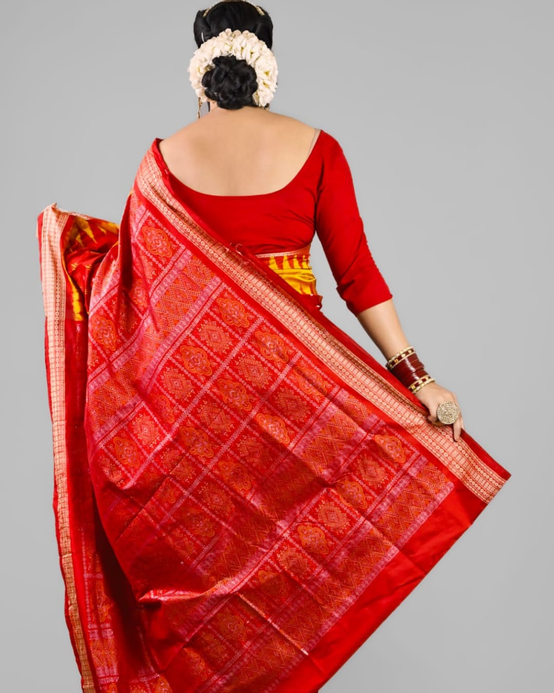 Sambalpuri Handloom Patta Saree – Red & Mustard Yellow Traditional Design