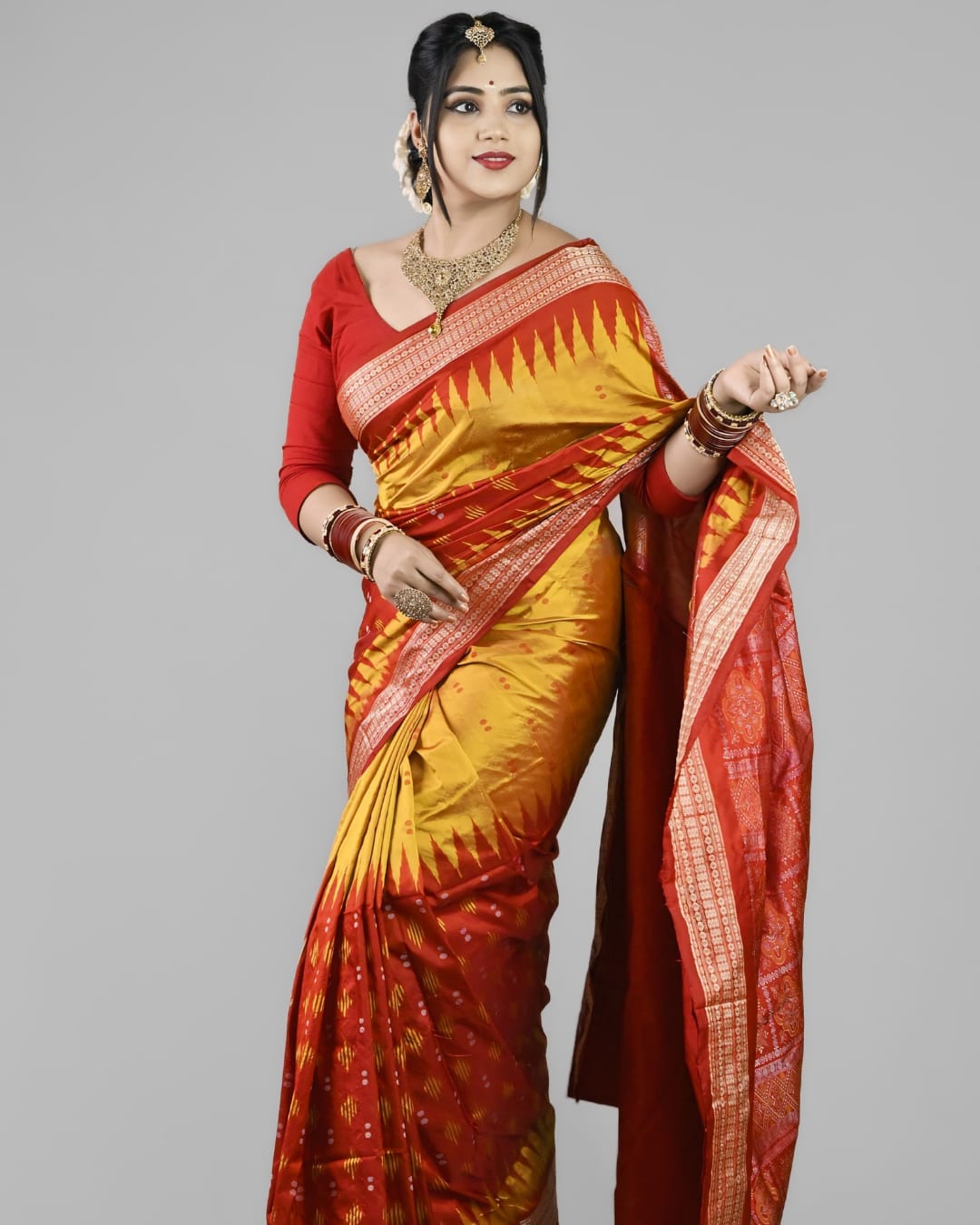 Sambalpuri Handloom Patta Saree – Red & Mustard Yellow Traditional Design