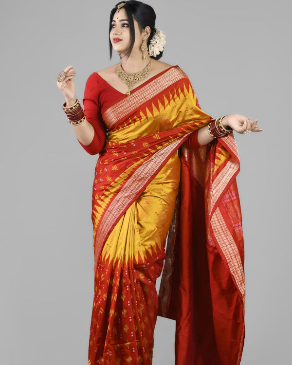 Sambalpuri Handloom Patta Saree – Red & Mustard Yellow Traditional Design