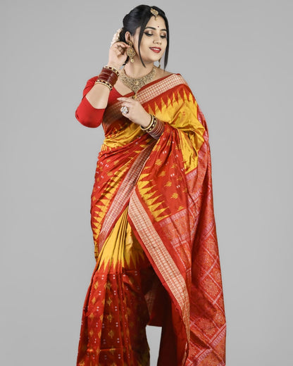 Sambalpuri Handloom Patta Saree – Red & Mustard Yellow Traditional Design