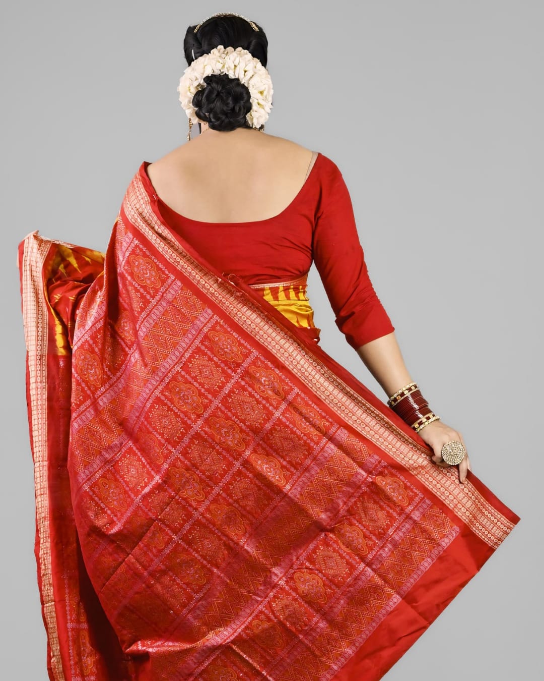 Sambalpuri Handloom Patta Saree – Red & Mustard Yellow Traditional Design