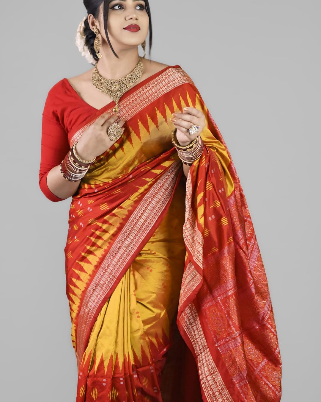 Sambalpuri Handloom Patta Saree – Red & Mustard Yellow Traditional Design