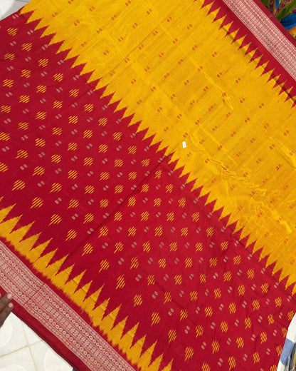 Sambalpuri Handloom Patta Saree – Red & Mustard Yellow Traditional Design