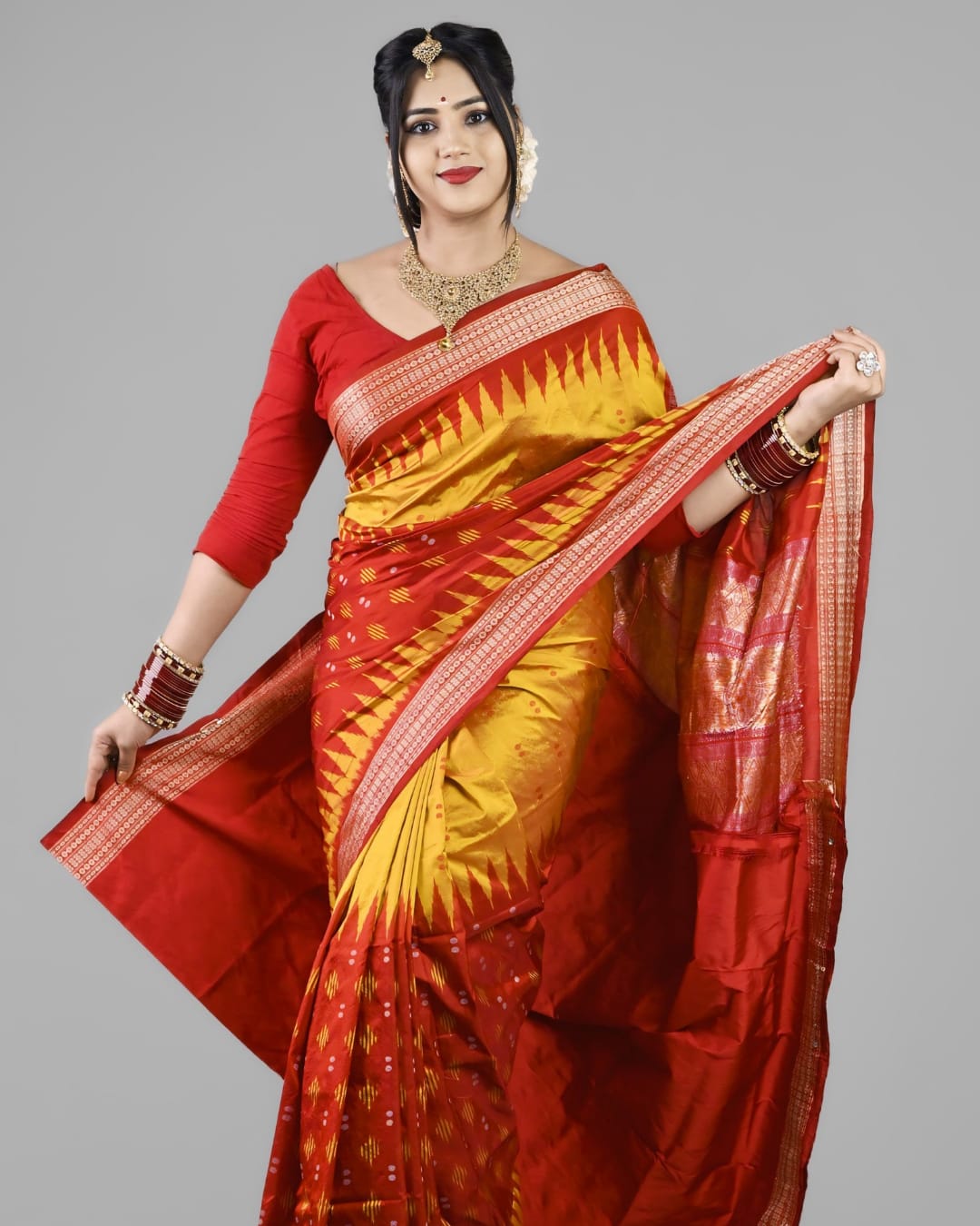 Sambalpuri Handloom Patta Saree – Red & Mustard Yellow Traditional Design