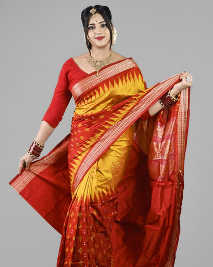 Sambalpuri Handloom Patta Saree – Red & Mustard Yellow Traditional Design