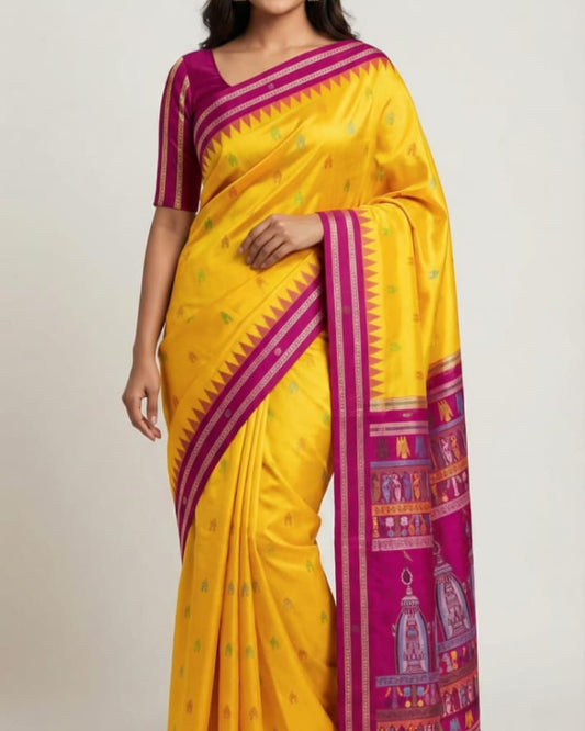 Sambalpuri Handloom Patta Saree – Mustard Yellow & Magenta Traditional Design