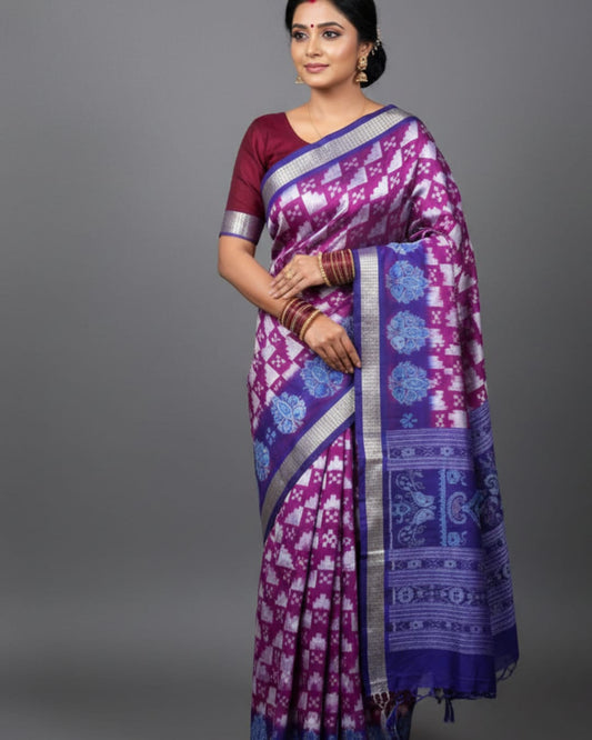 Authentic Sambalpuri Handloom Patta Saree – Purple & Blue Traditional Woven Design