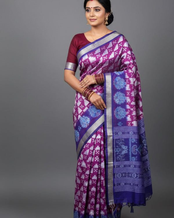 Authentic Sambalpuri Handloom Patta Saree – Purple & Blue Traditional Woven Design