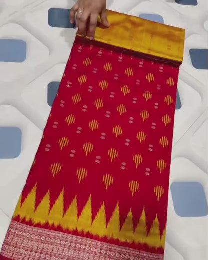 Sambalpuri Handloom Patta Saree – Red & Mustard Yellow Traditional Design